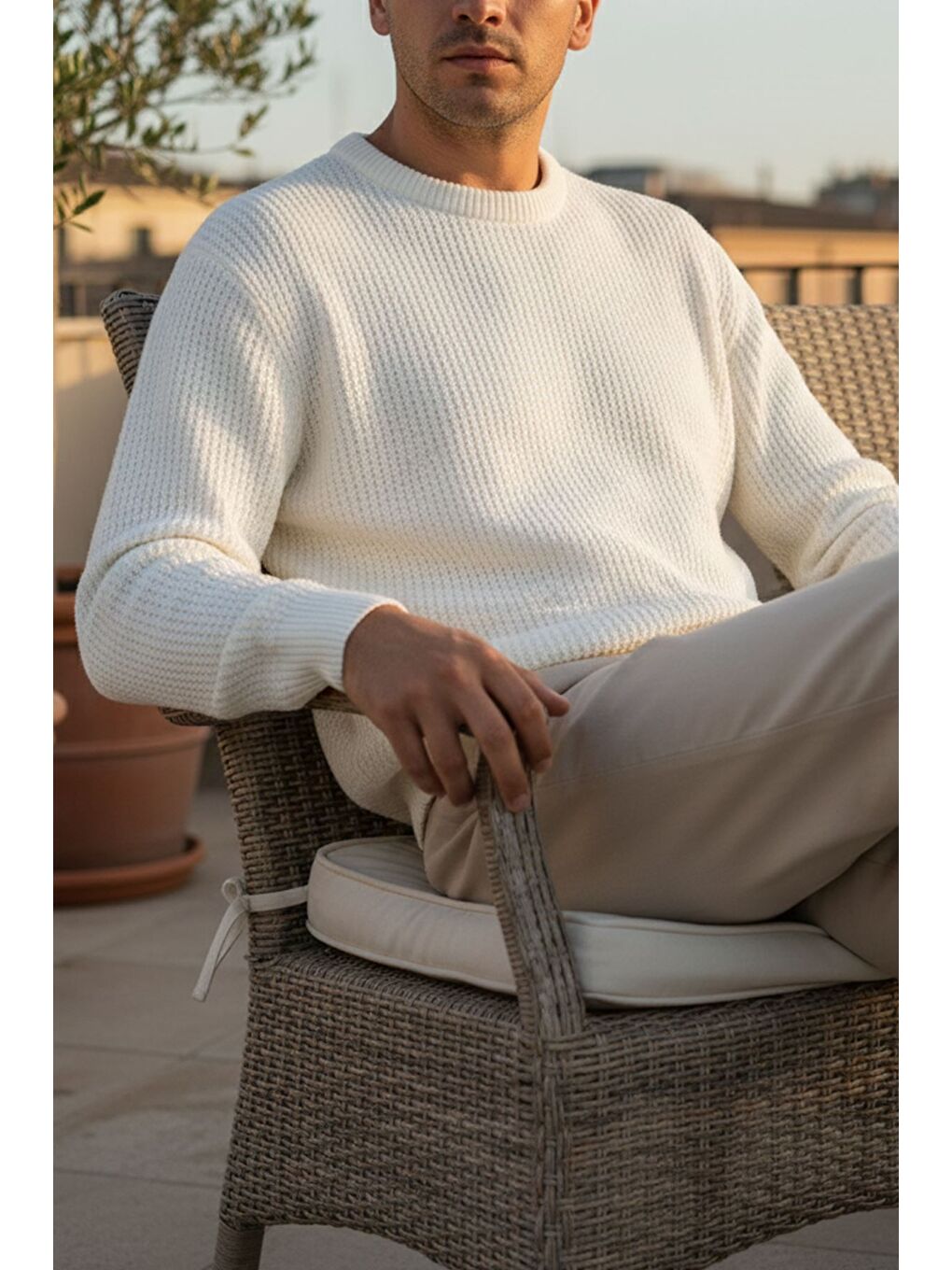 Ekru Erkek Bisiklet Yaka Örme Triko Kazak