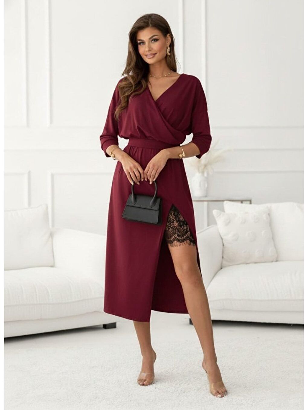 Bordo Kadın Uzun Kollu Kruvaze Yakalı Yandan Dantelli Midi Ithal Krep Elbise-2
