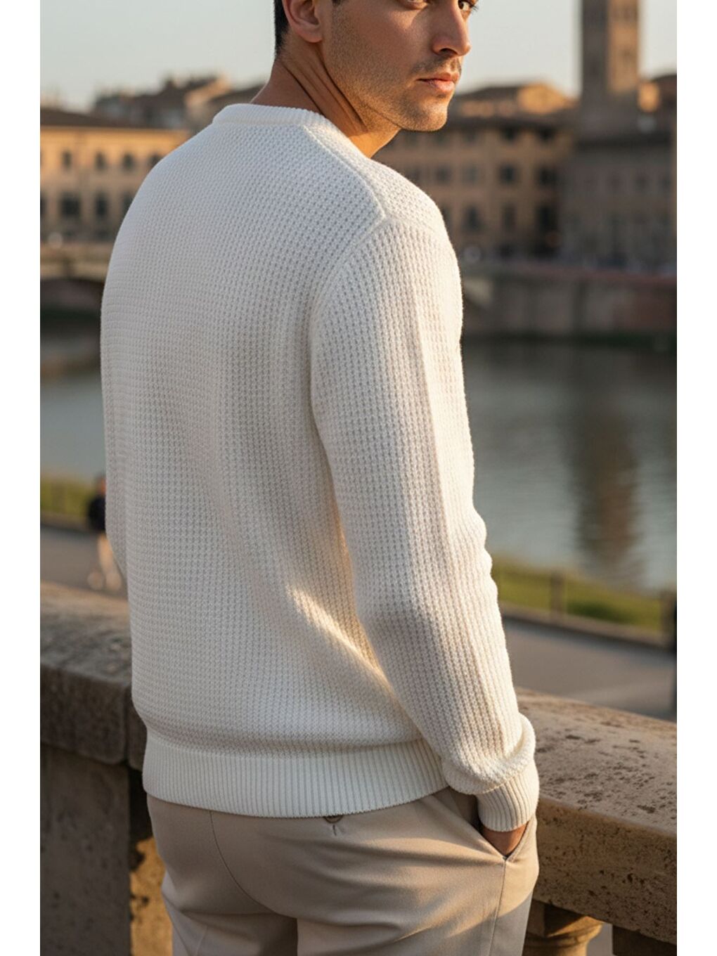 Ekru Erkek Bisiklet Yaka Örme Triko Kazak-1