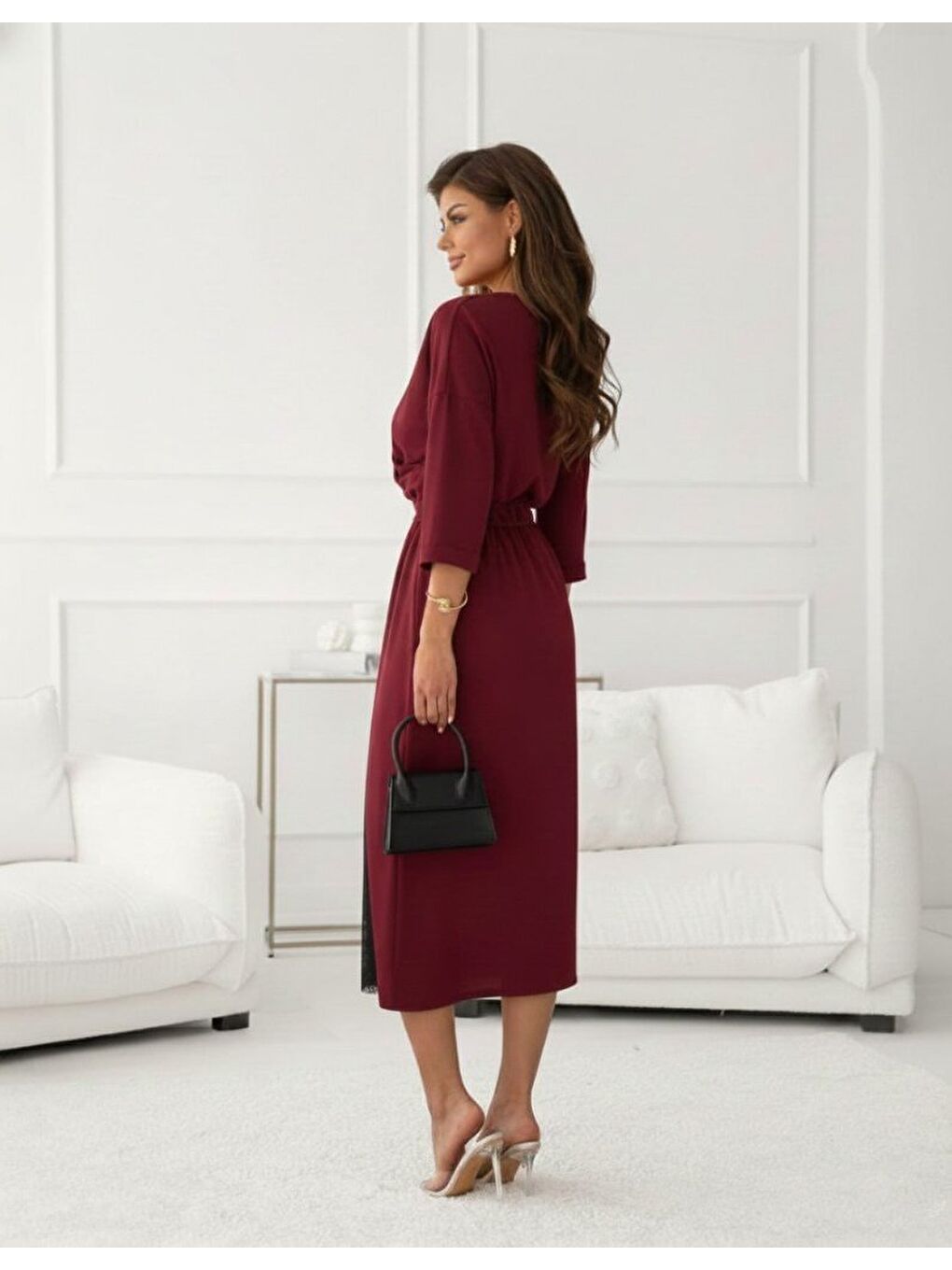 Bordo Kadın Uzun Kollu Kruvaze Yakalı Yandan Dantelli Midi Ithal Krep Elbise-3