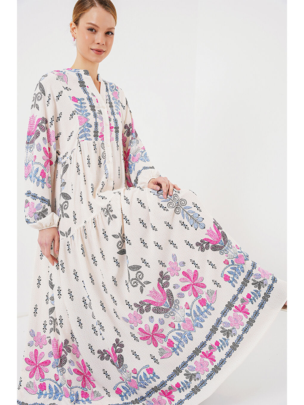 2423 Otantik Desenli Tesettür Elbise - C. Pembe-1