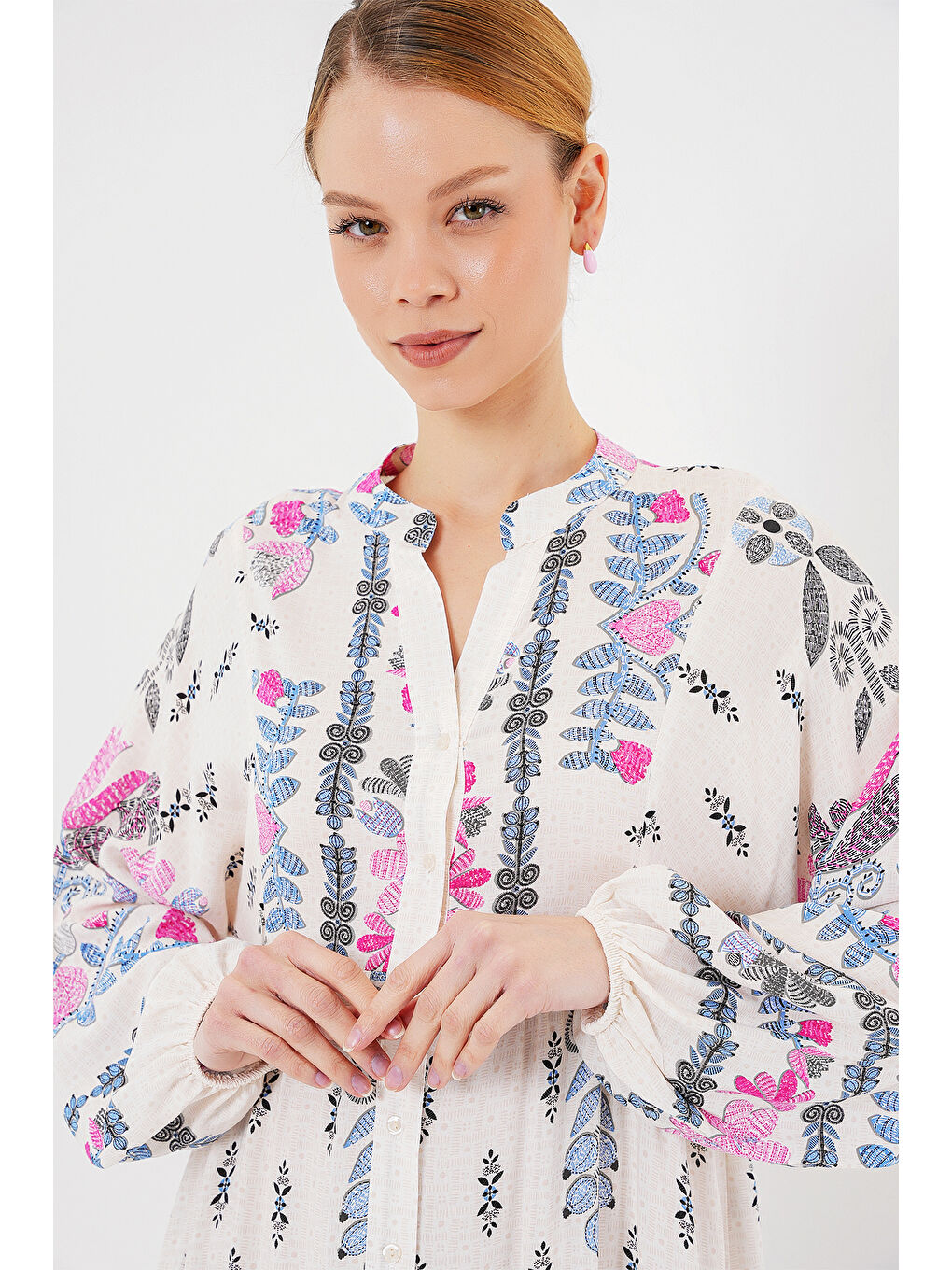 2423 Otantik Desenli Tesettür Elbise - C. Pembe-2