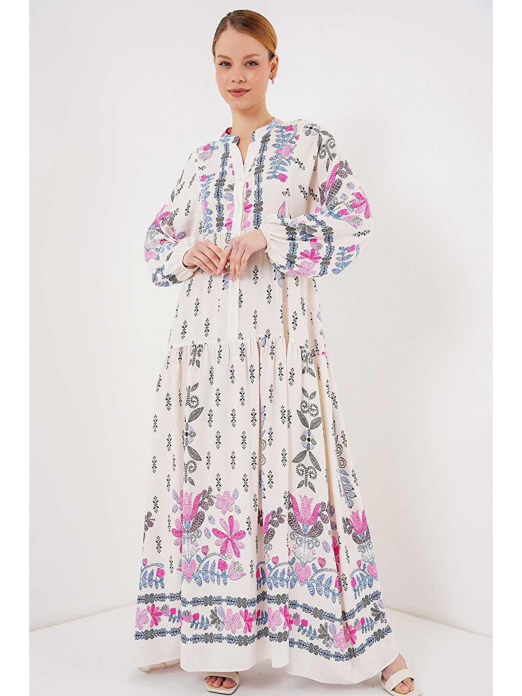 2423 Otantik Desenli Tesettür Elbise - C. Pembe-3