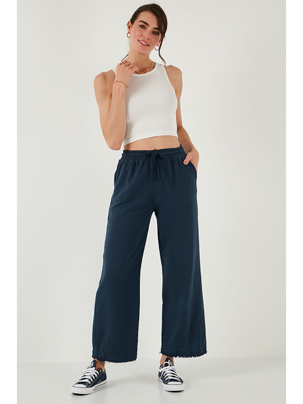 Lacivert Pamuklu Relaxed Fit Yüksek Bel Geniş Paça Pantolon 668Yp5275-4