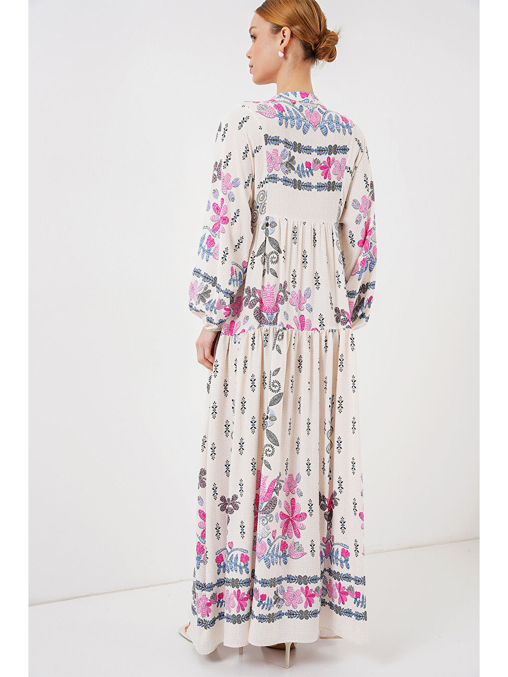 2423 Otantik Desenli Tesettür Elbise - C. Pembe-5