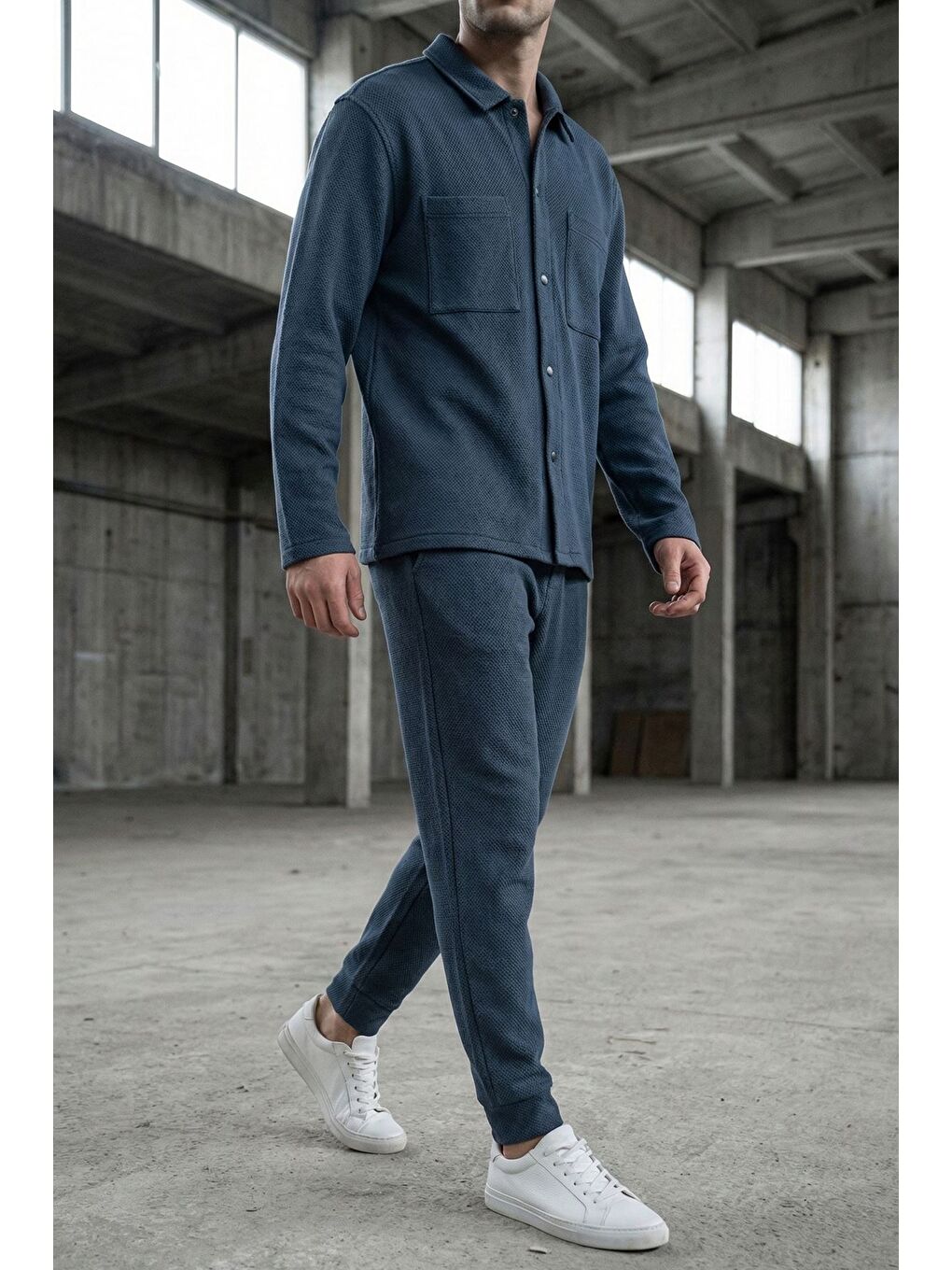 Petrol Erkek Kendinden Desenli Ön Çıtçıtlı Gömlek Bel Lastikli Pantolon İkili Takım