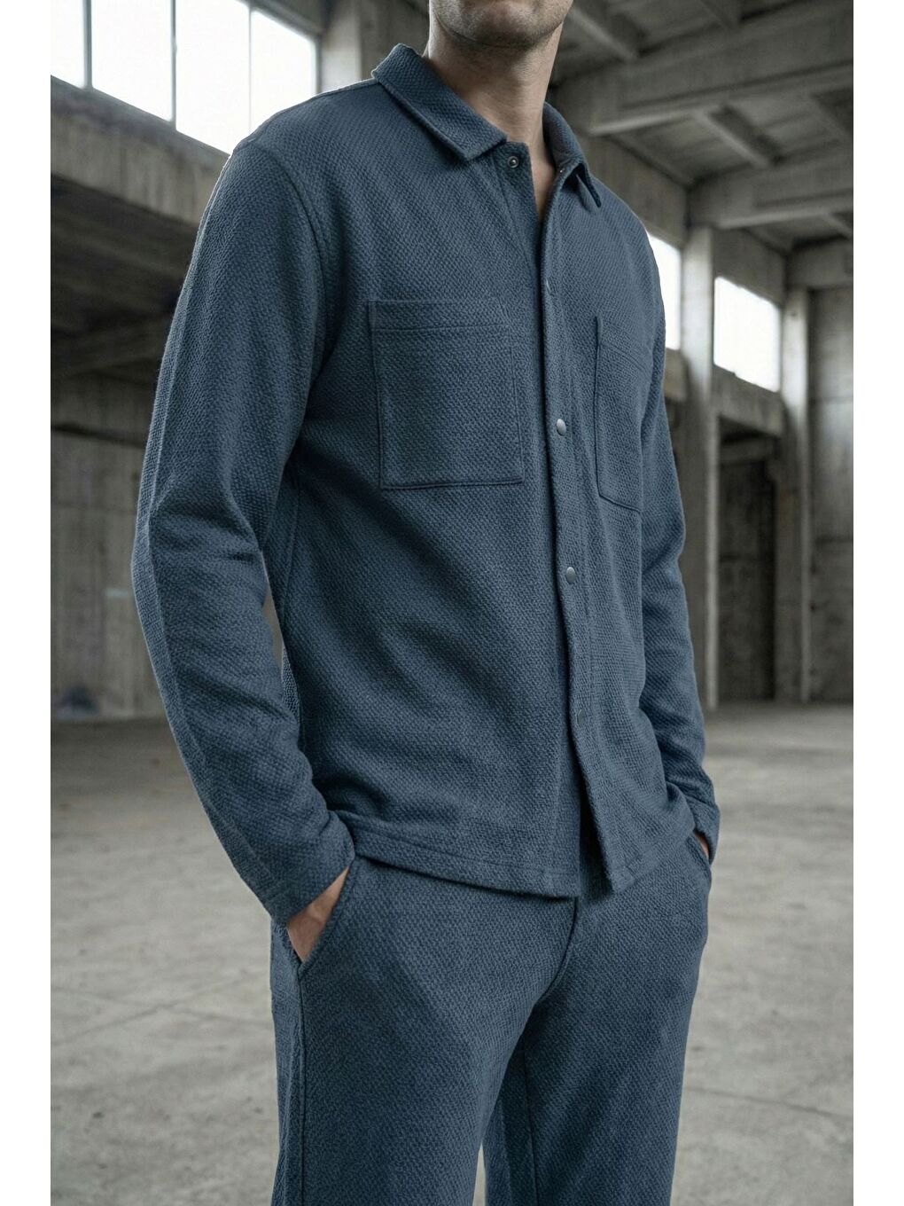 Petrol Erkek Kendinden Desenli Ön Çıtçıtlı Gömlek Bel Lastikli Pantolon İkili Takım-1