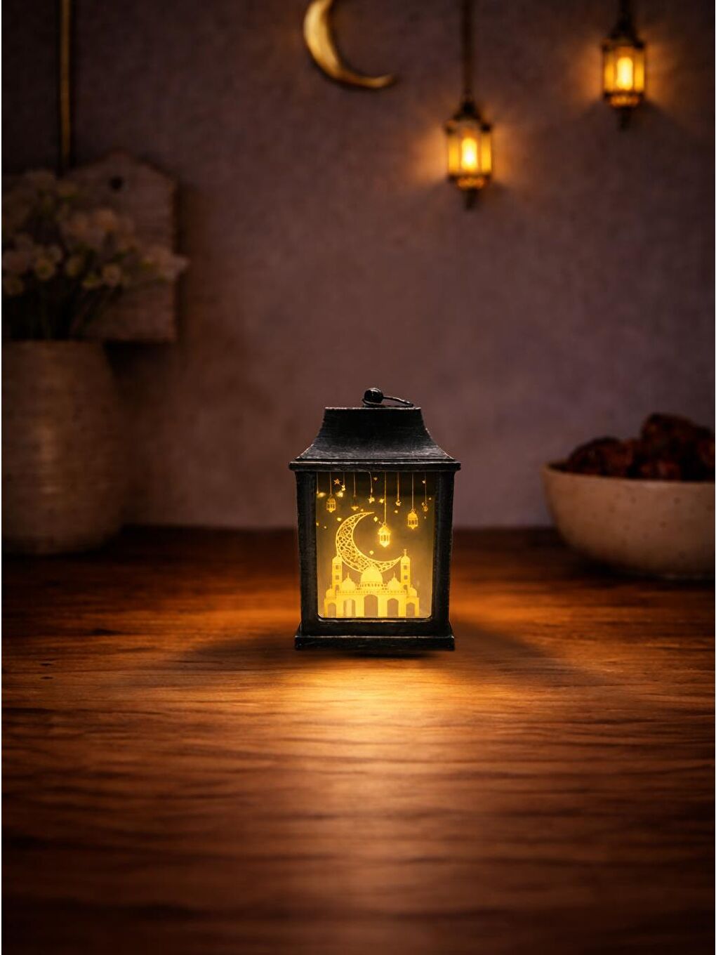 Gri Mini Ramazan Feneri – Led Işıklı Pilli Eskitme Detaylı Gümüş 10 cm-1