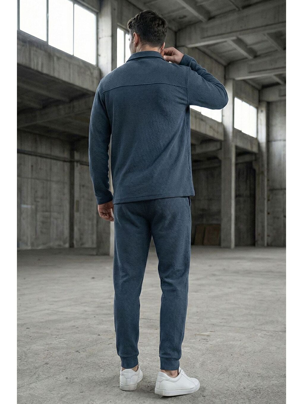 Petrol Erkek Kendinden Desenli Ön Çıtçıtlı Gömlek Bel Lastikli Pantolon İkili Takım-2