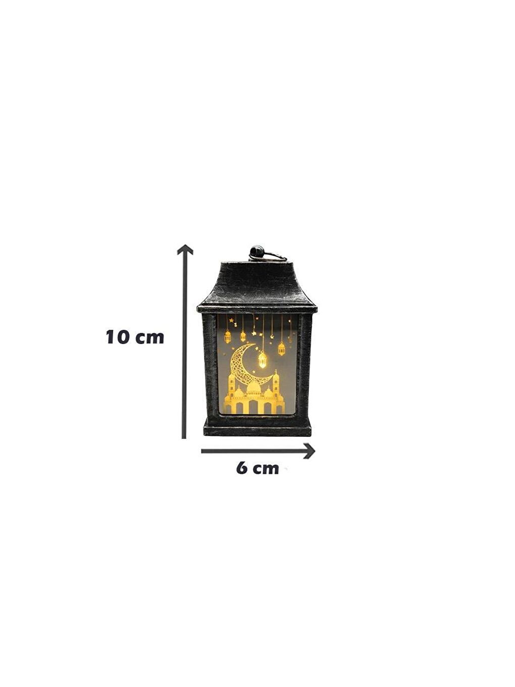 Gri Mini Ramazan Feneri – Led Işıklı Pilli Eskitme Detaylı Gümüş 10 cm-2