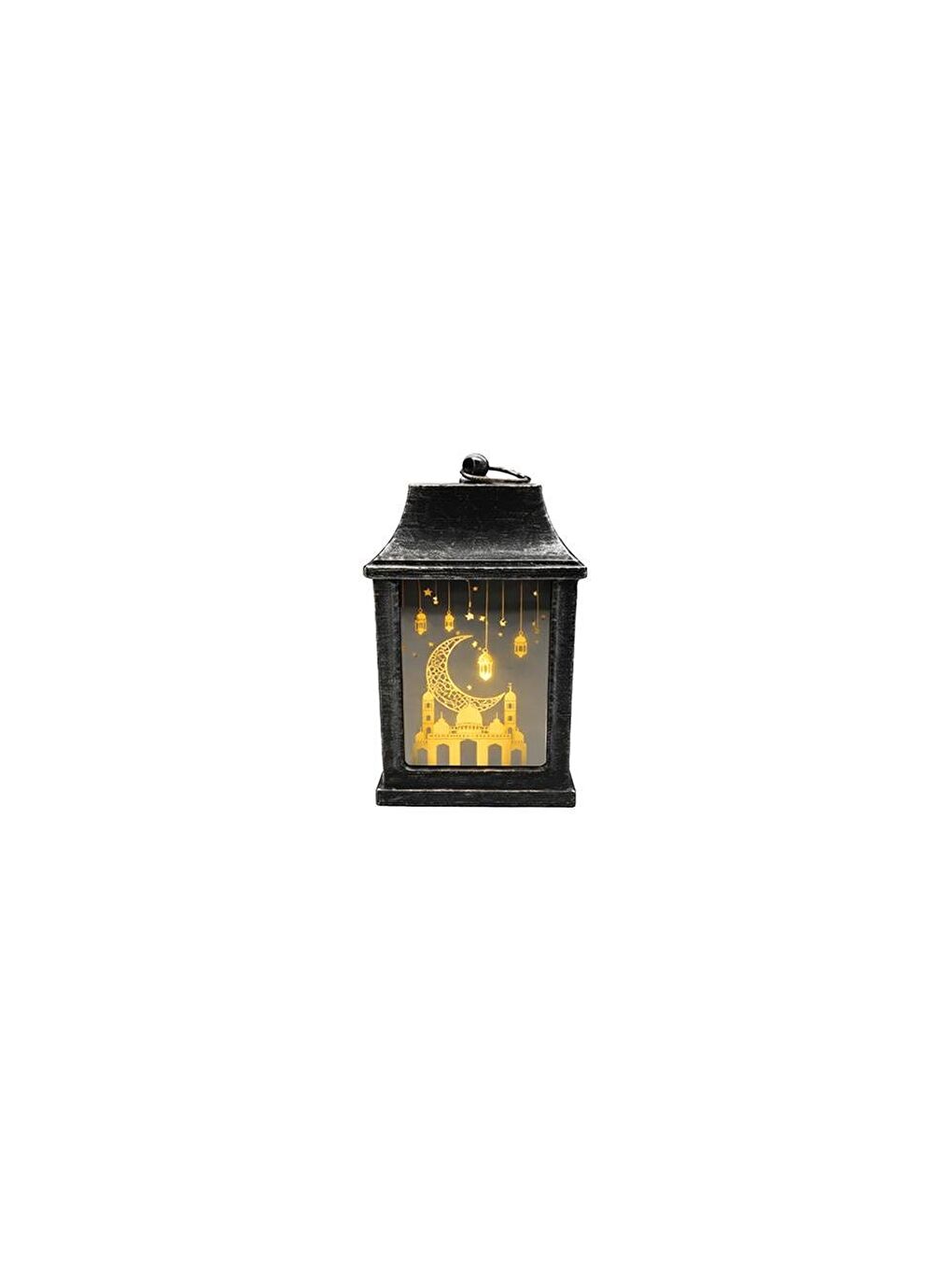 Gri Mini Ramazan Feneri – Led Işıklı Pilli Eskitme Detaylı Gümüş 10 cm-3