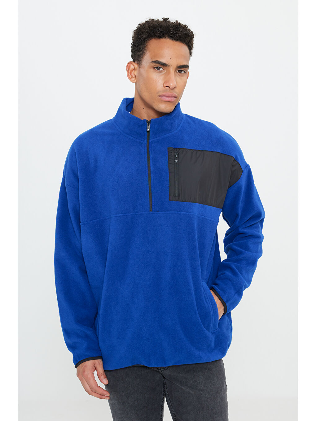 Mavi Erkek Saks Oversize Bol Kesim Bato Yaka Cep Detaylı Fermuarlı Soğuk Geçirmez Polar Sweatshirt