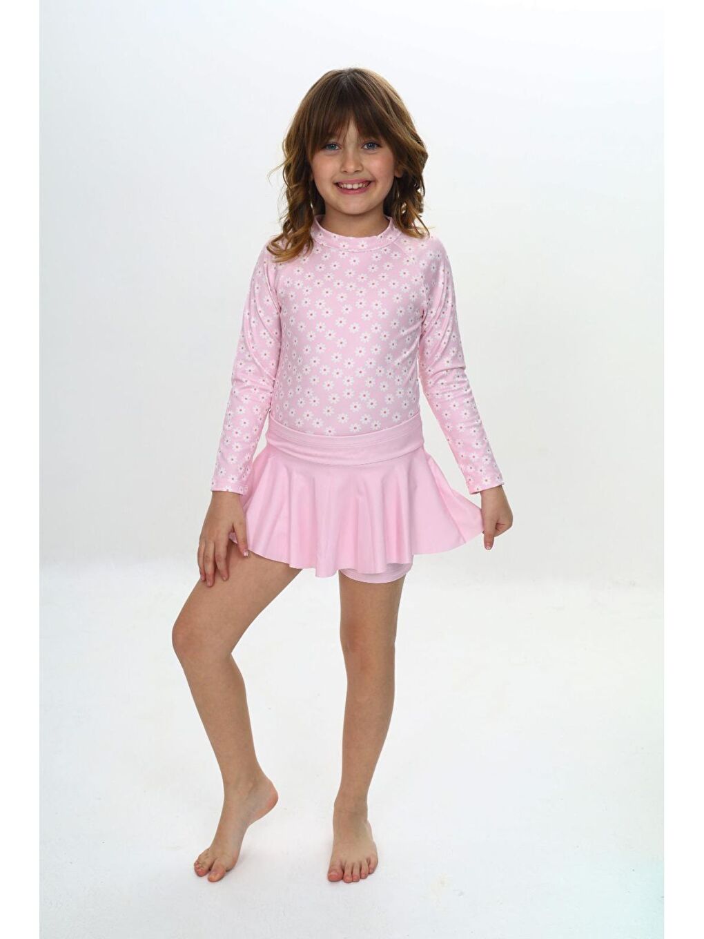 Pembe Etek Detaylı Kız Çocuk Mayo
