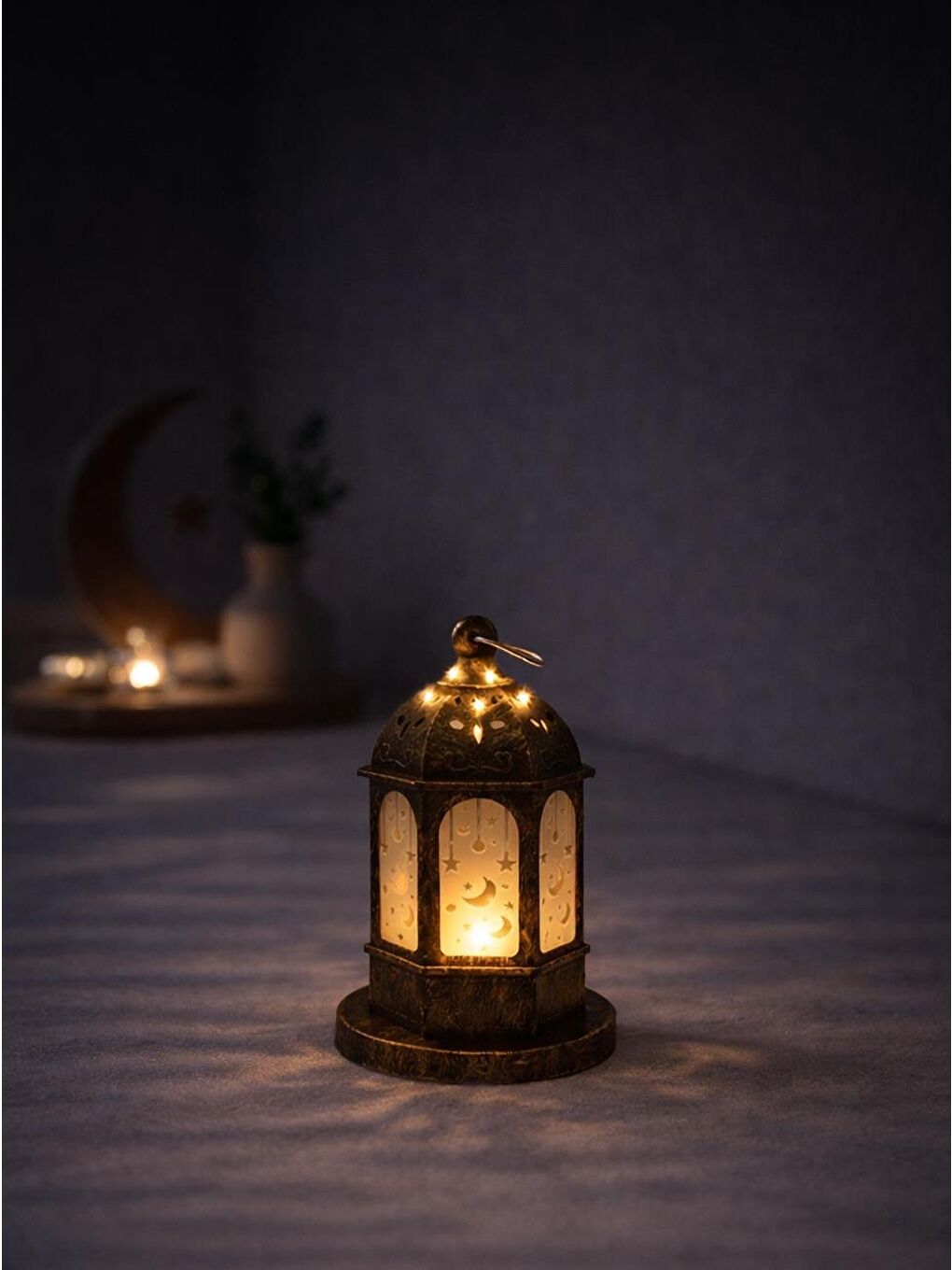 Turuncu Ramazan Temalı Led Işıklı Pilli Dekoratif Fener Eskitme Detaylı Bakır 16 cm-1