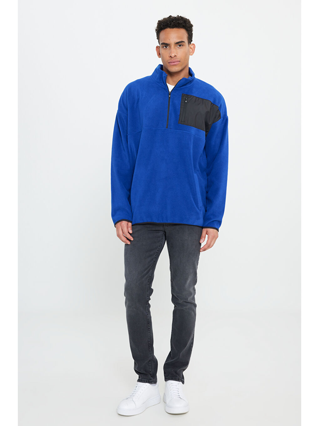 Mavi Erkek Saks Oversize Bol Kesim Bato Yaka Cep Detaylı Fermuarlı Soğuk Geçirmez Polar Sweatshirt-1