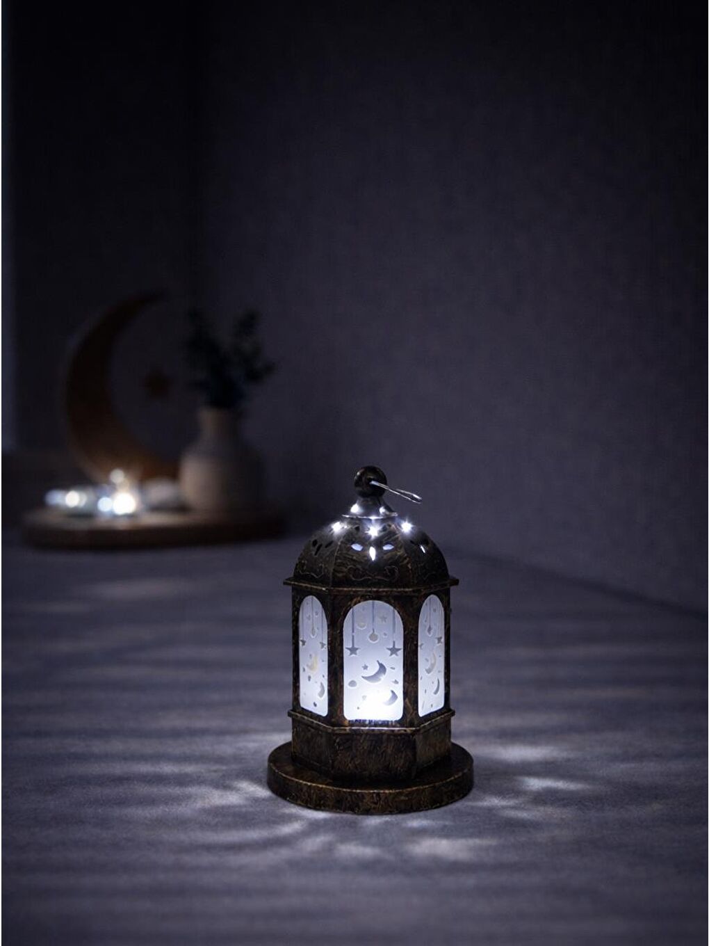 Turuncu Ramazan Temalı Led Işıklı Pilli Dekoratif Fener Eskitme Detaylı Bakır 16 cm-2