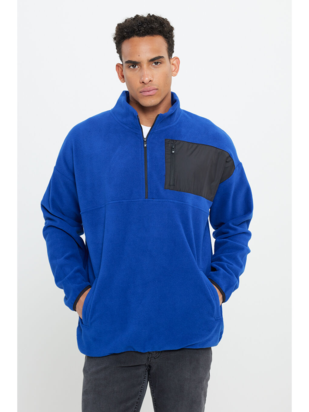 Mavi Erkek Saks Oversize Bol Kesim Bato Yaka Cep Detaylı Fermuarlı Soğuk Geçirmez Polar Sweatshirt-2
