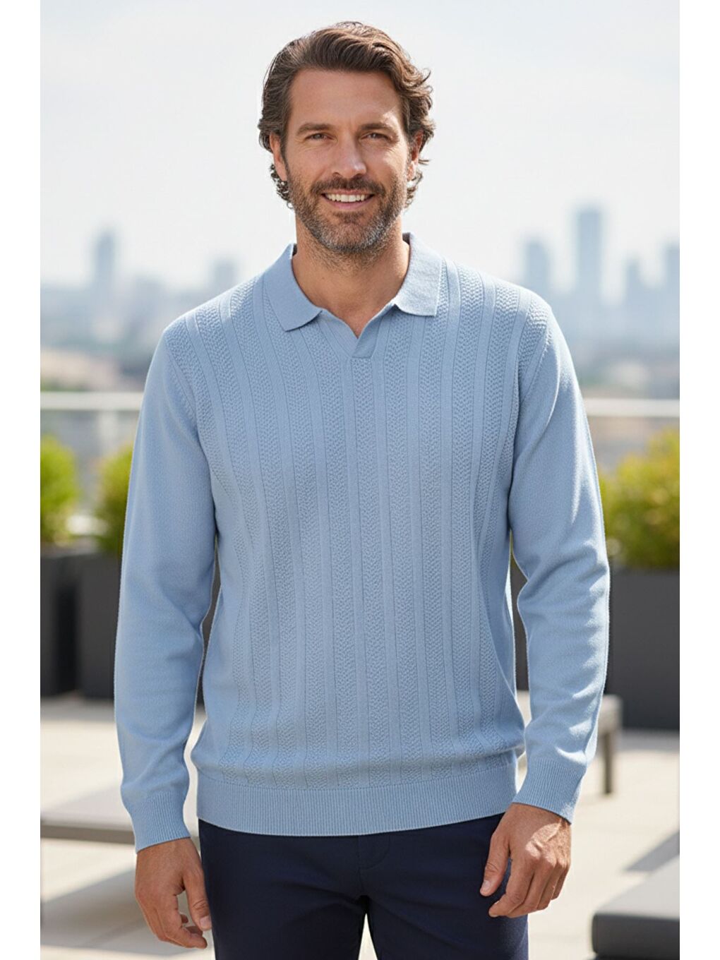 Mavi Erkek Kendinden Desenli Polo Yaka Triko Kazak