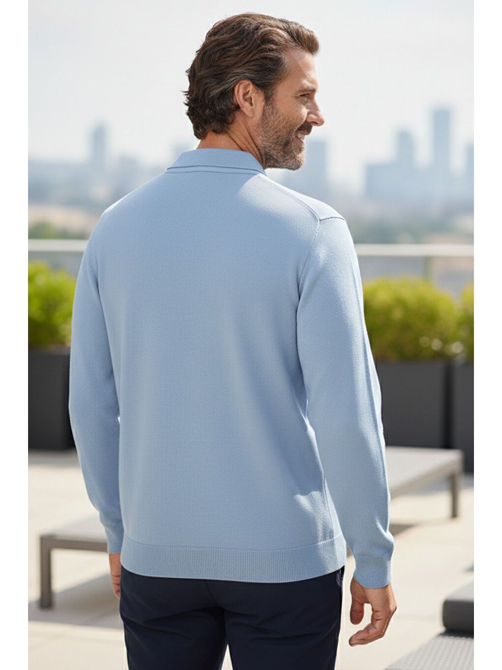 Mavi Erkek Kendinden Desenli Polo Yaka Triko Kazak-1