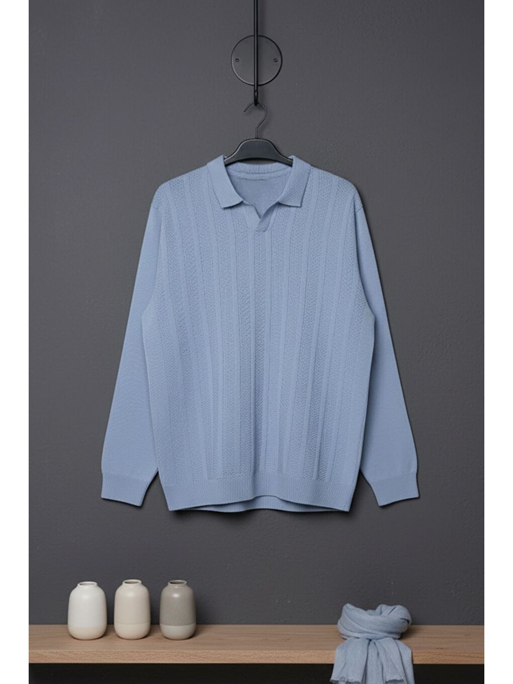 Mavi Erkek Kendinden Desenli Polo Yaka Triko Kazak-2