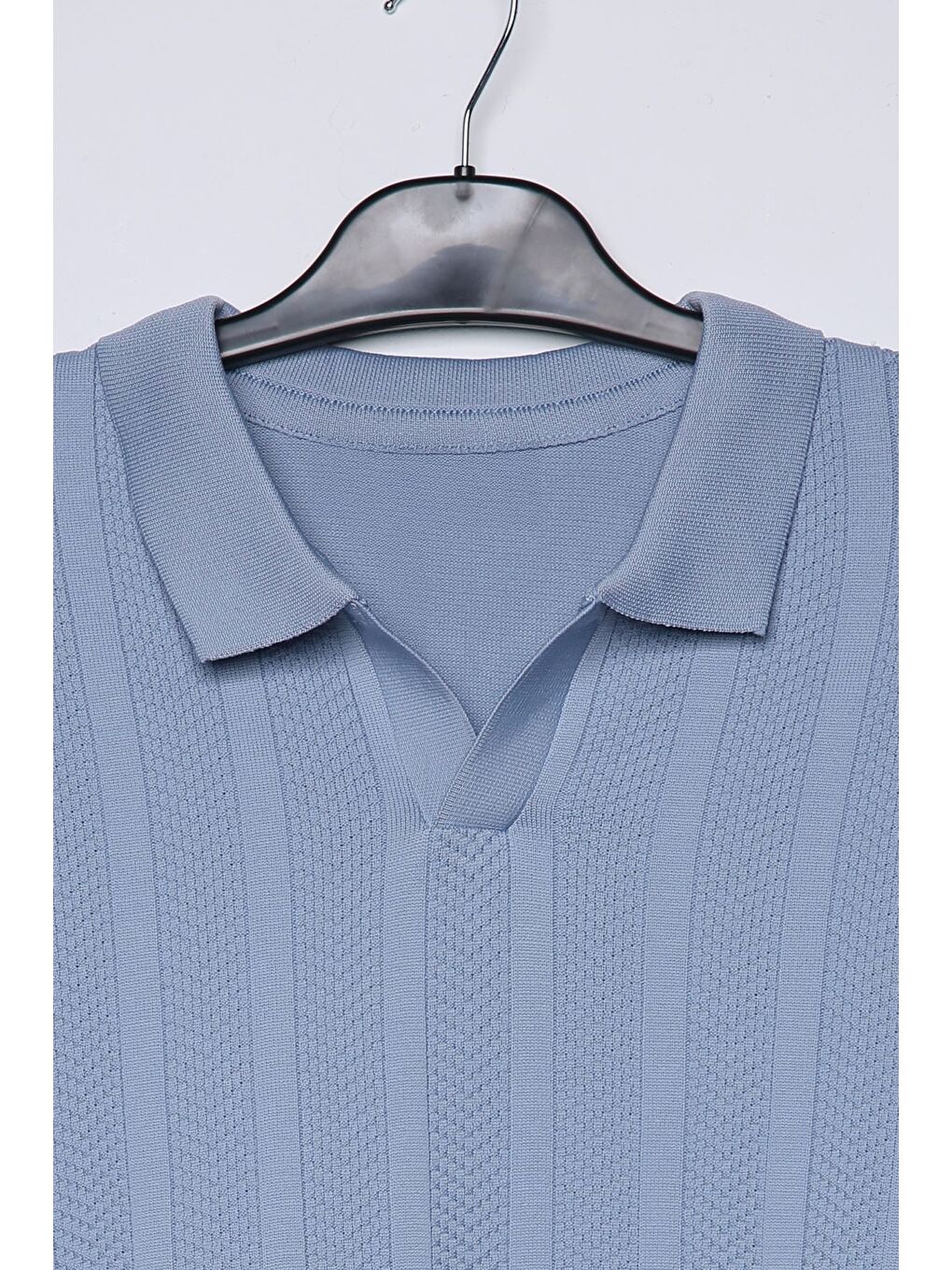 Mavi Erkek Kendinden Desenli Polo Yaka Triko Kazak-3