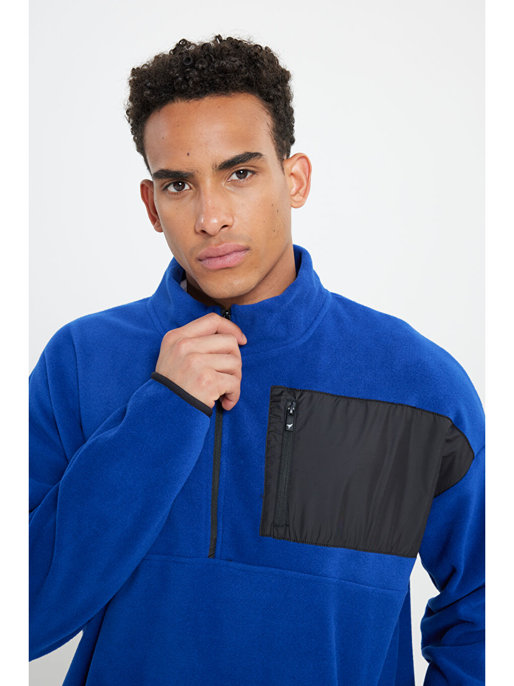 Mavi Erkek Saks Oversize Bol Kesim Bato Yaka Cep Detaylı Fermuarlı Soğuk Geçirmez Polar Sweatshirt-3