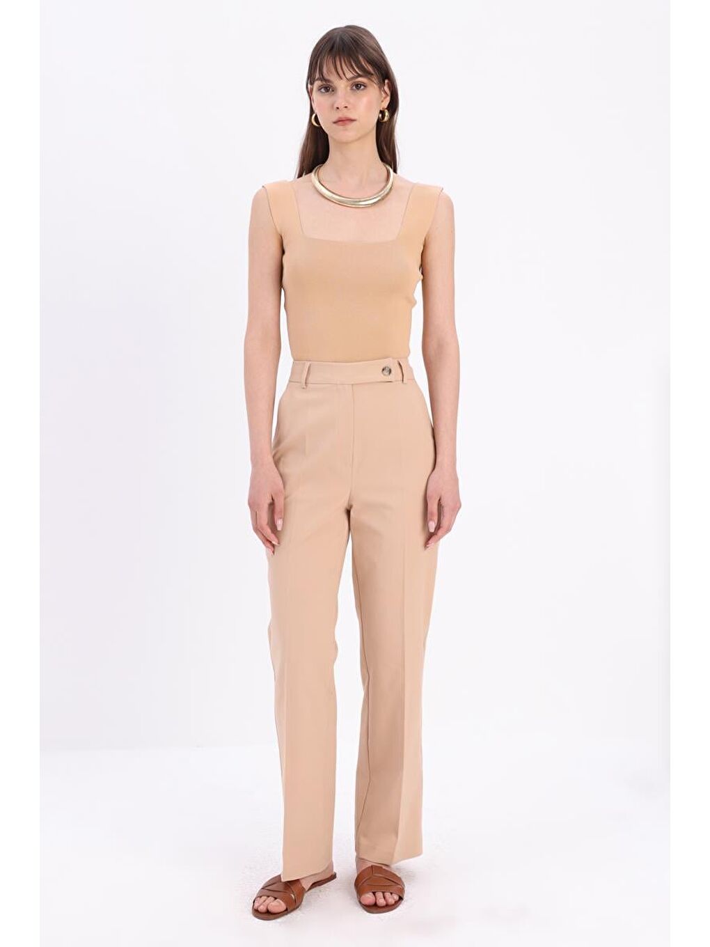 Bej Bisküvi-Pamuklu Kumaş Pantolon-1