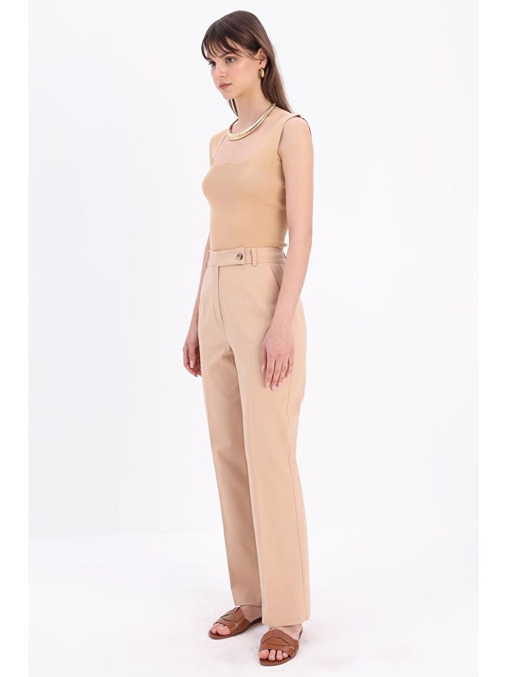 Bej Bisküvi-Pamuklu Kumaş Pantolon-2