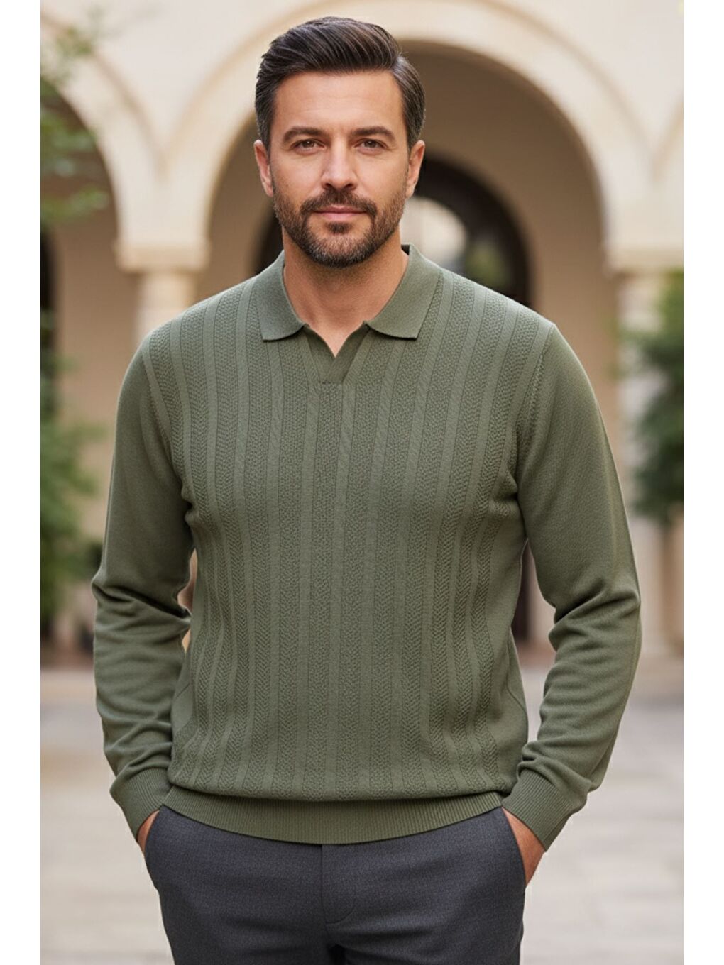 Haki Erkek Kendinden Desenli Polo Yaka Triko Kazak