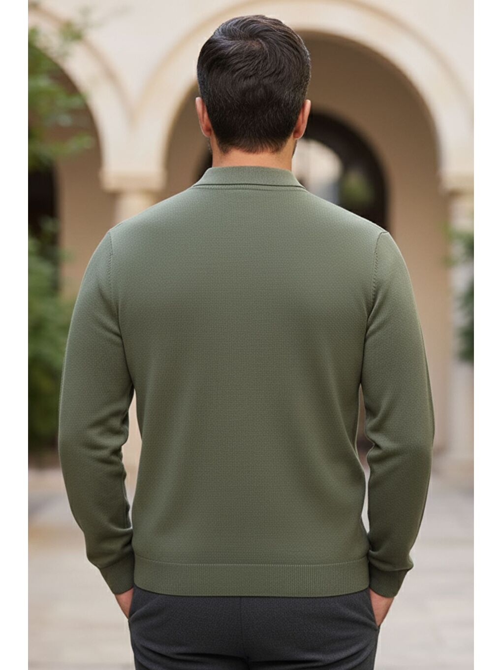 Haki Erkek Kendinden Desenli Polo Yaka Triko Kazak-1