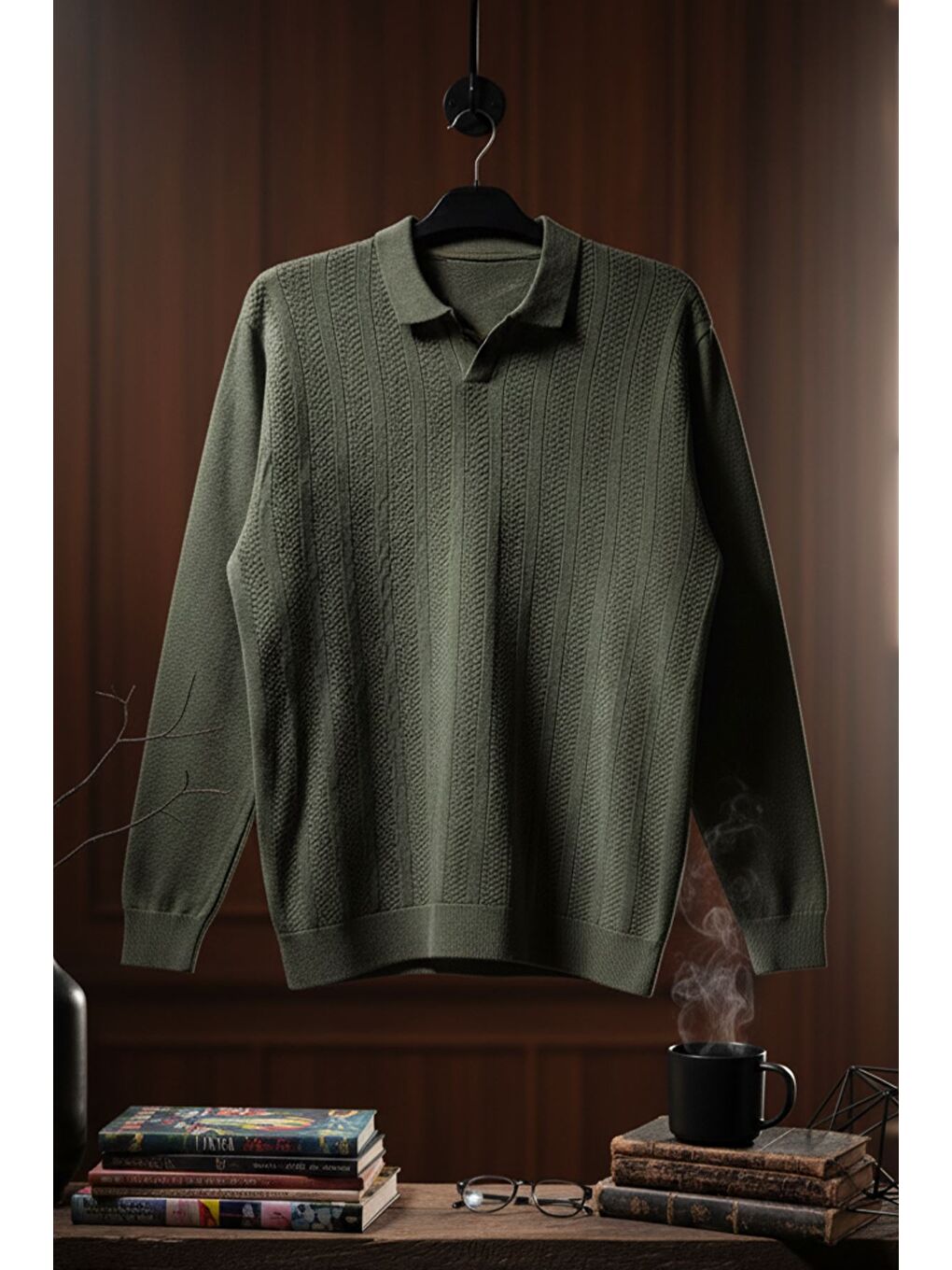 Haki Erkek Kendinden Desenli Polo Yaka Triko Kazak-2