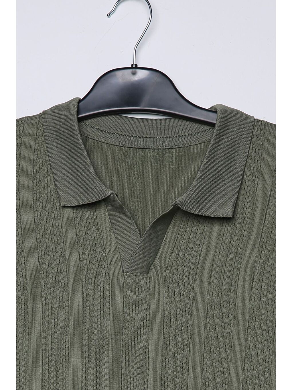 Haki Erkek Kendinden Desenli Polo Yaka Triko Kazak-3