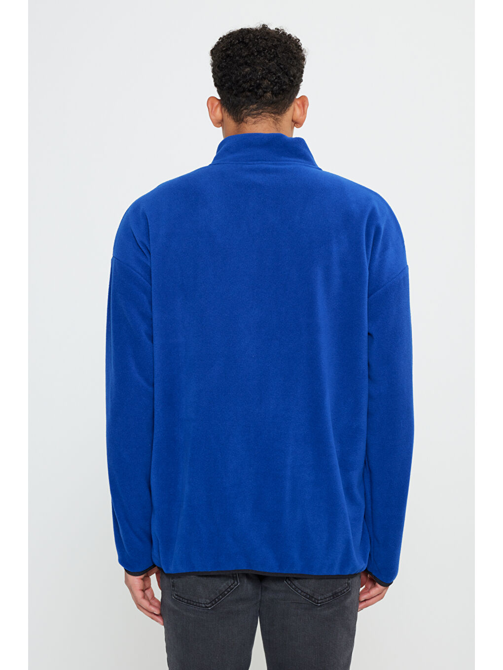 Mavi Erkek Saks Oversize Bol Kesim Bato Yaka Cep Detaylı Fermuarlı Soğuk Geçirmez Polar Sweatshirt-4