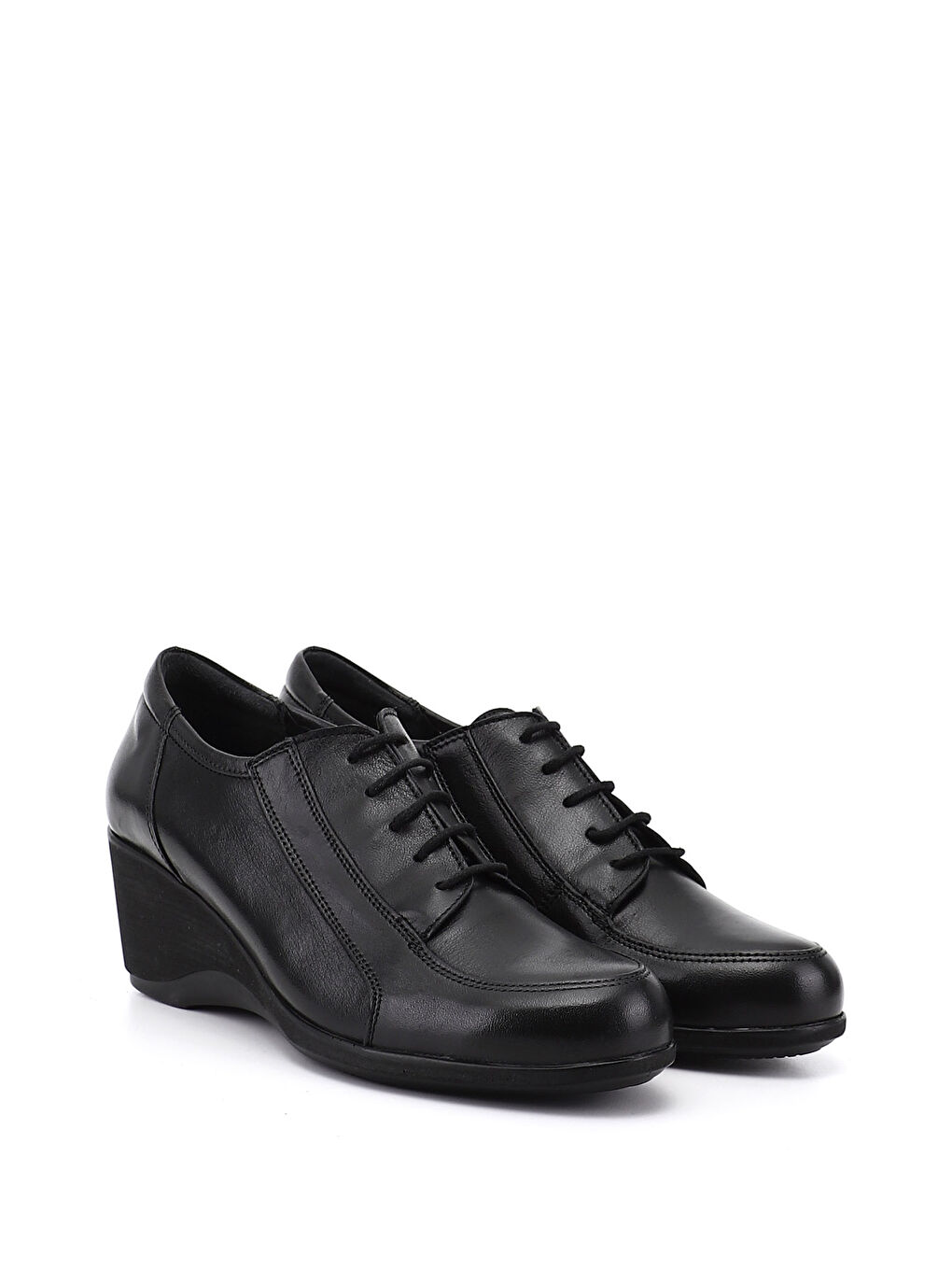 Siyah Kadın SİYAH Bağcıklı Dolgu Taban Hakiki Deri Ayakkabı-1