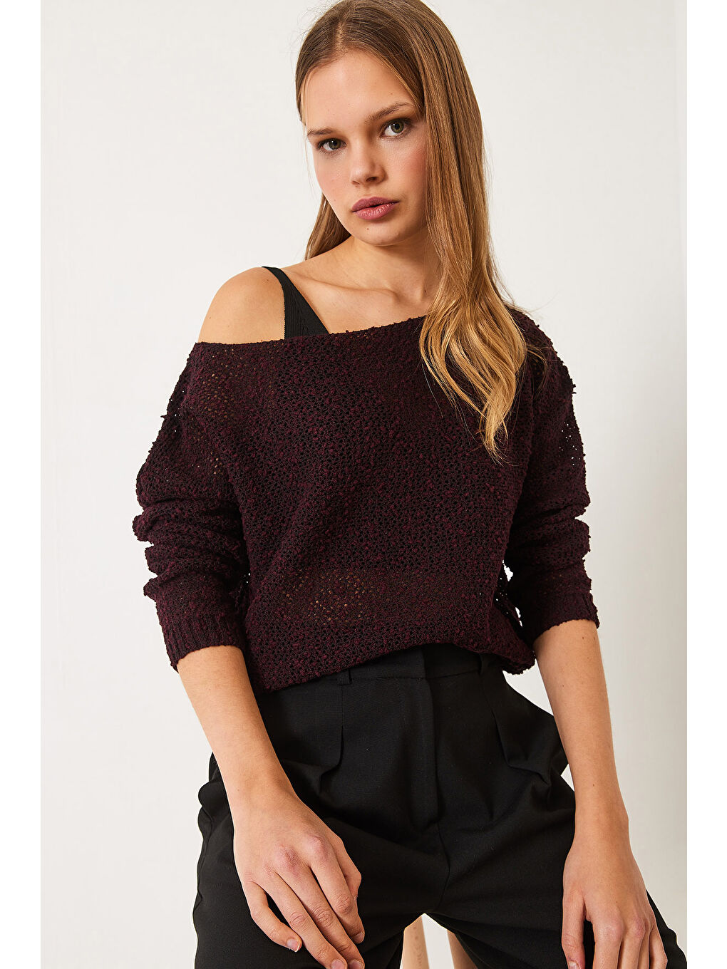 Bordo Kadın Kayık Yaka File Detay Ajurlu Triko Bluz-1
