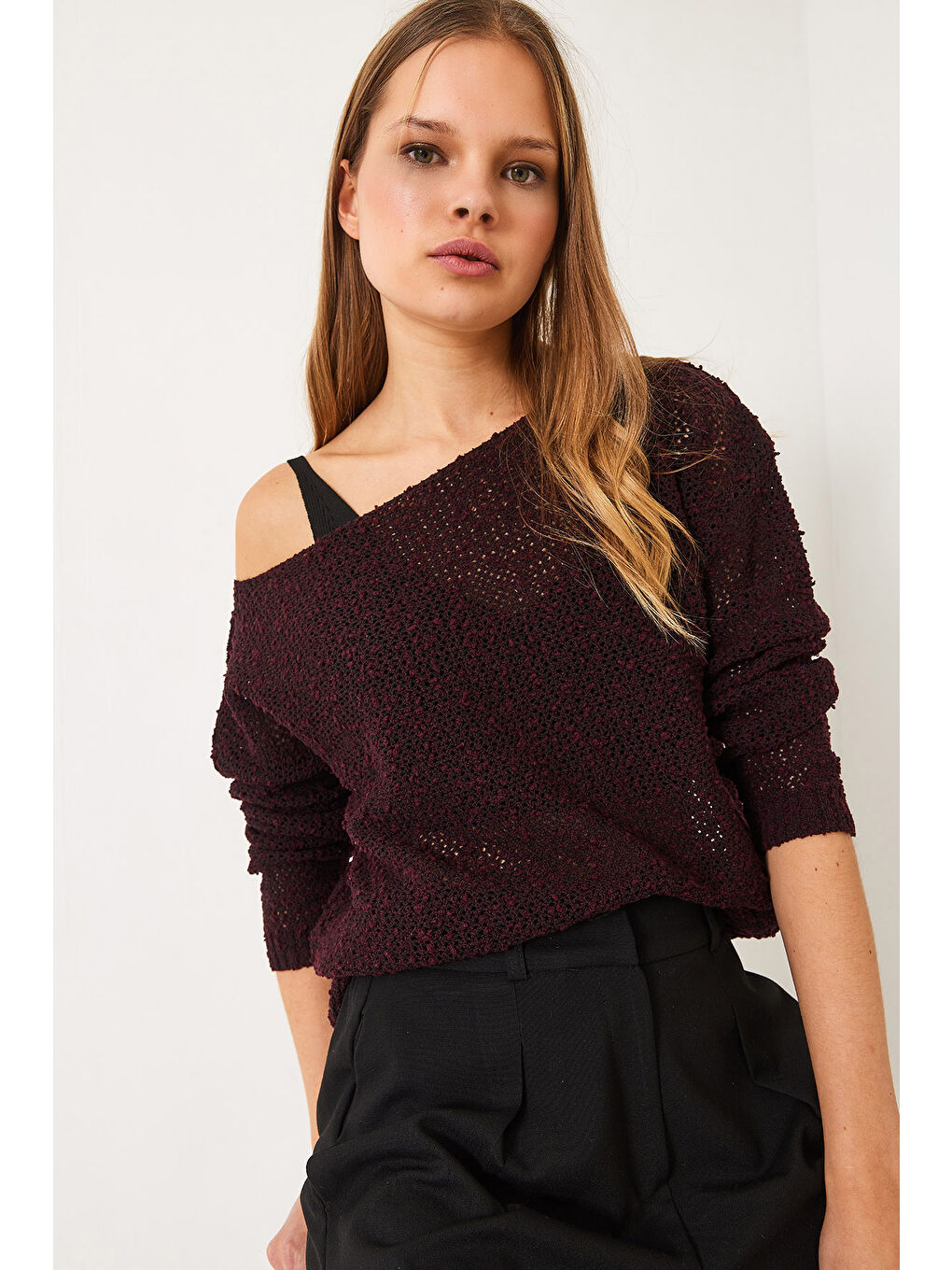 Bordo Kadın Kayık Yaka File Detay Ajurlu Triko Bluz-2