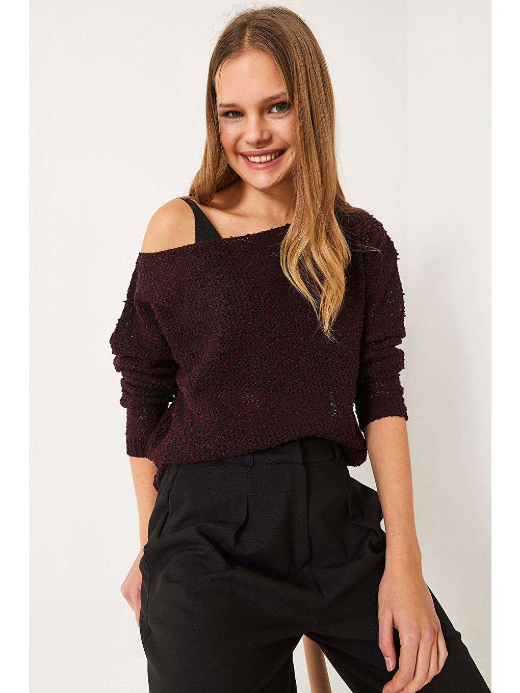 Bordo Kadın Kayık Yaka File Detay Ajurlu Triko Bluz-3