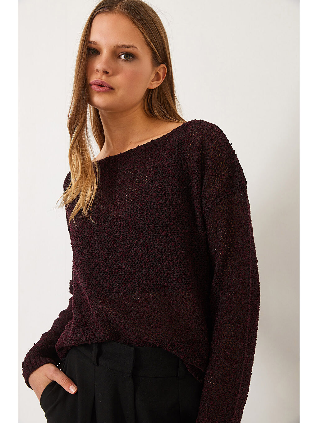 Bordo Kadın Kayık Yaka File Detay Ajurlu Triko Bluz-4