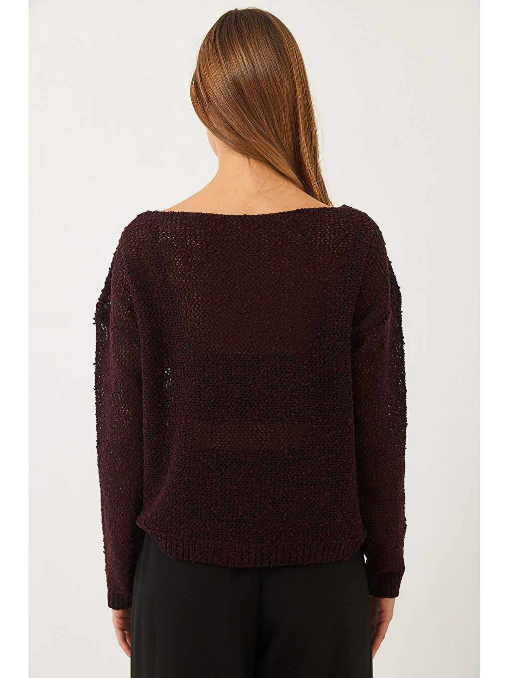 Bordo Kadın Kayık Yaka File Detay Ajurlu Triko Bluz-6