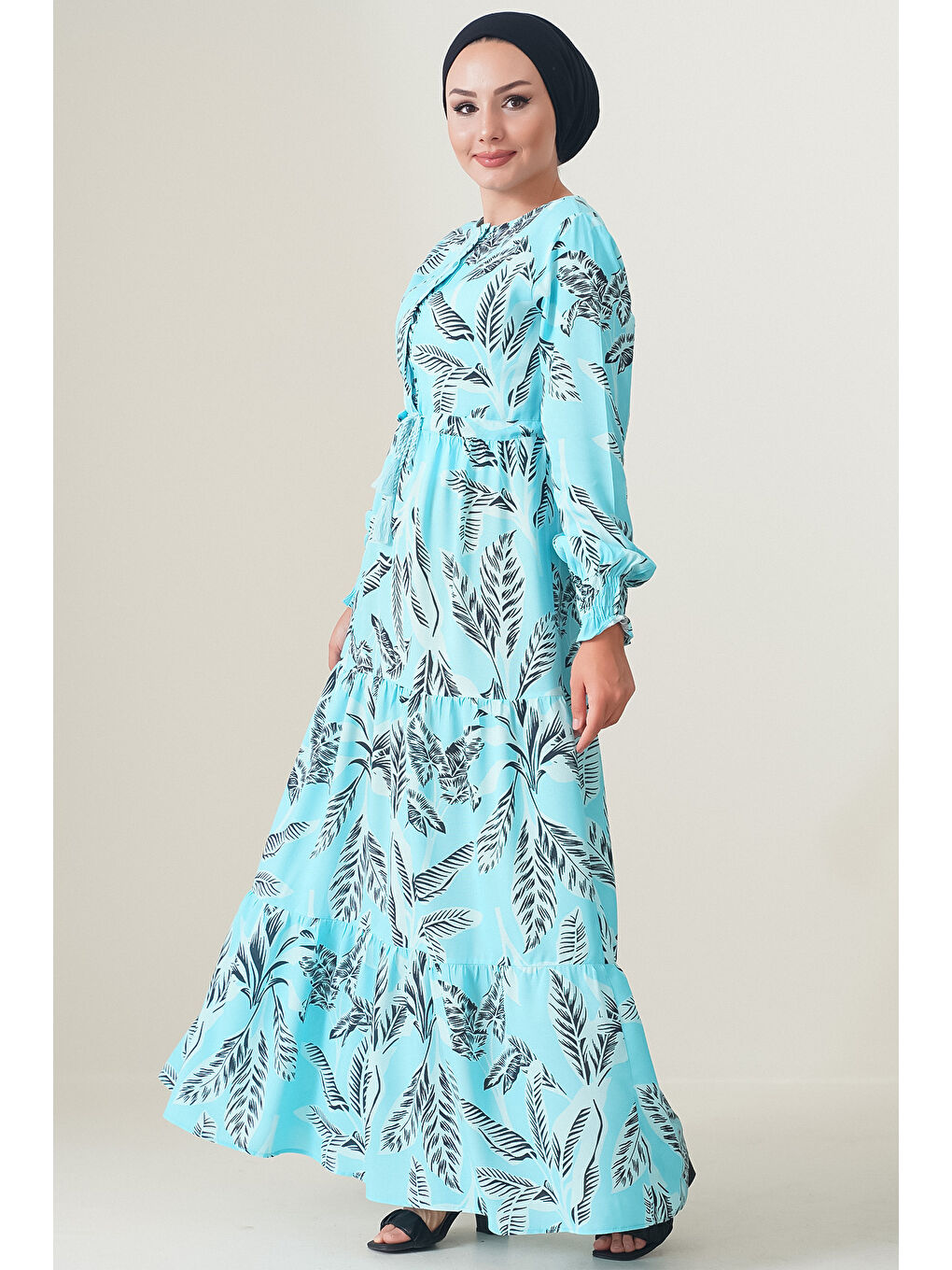2145 Desenli Tesettür Elbise - Turkuaz-1