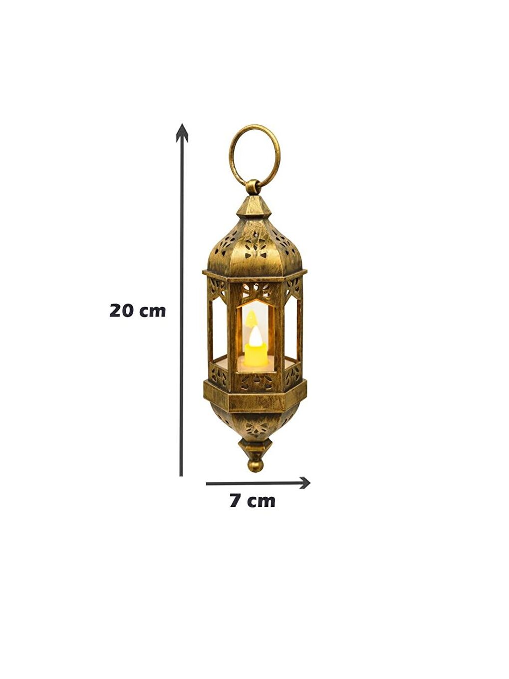 Sarı Asılabilir Ramazan Temalı Led Işıklı Pilli Dekoratif Fener – Eskitme Altın 20 cm-2