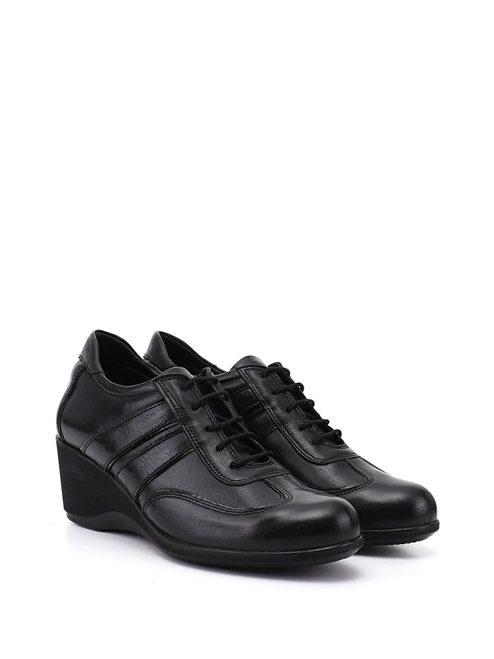 Siyah Kadın SİYAH Bağcıklı Dolgu Taban Hakiki Deri Ayakkabı-1