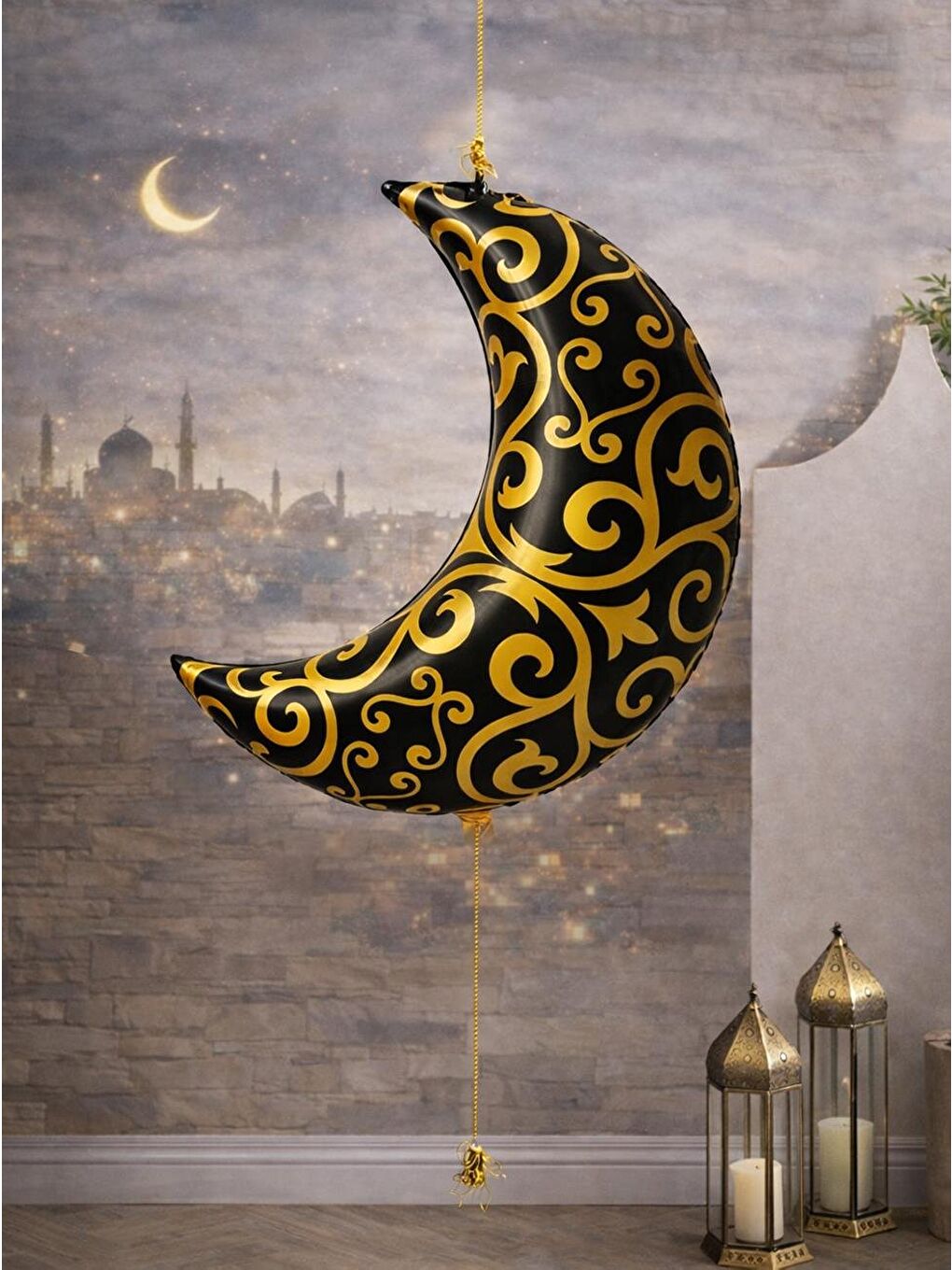 Ramazan Temalı Siyah Gold Desenli Hilal Folyo Balon 75 cm
