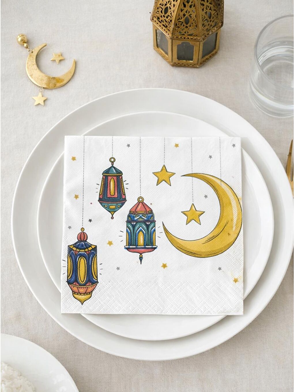 Ramazan Temalı Fener & Ay Motifli Peçete Beyaz 20'li