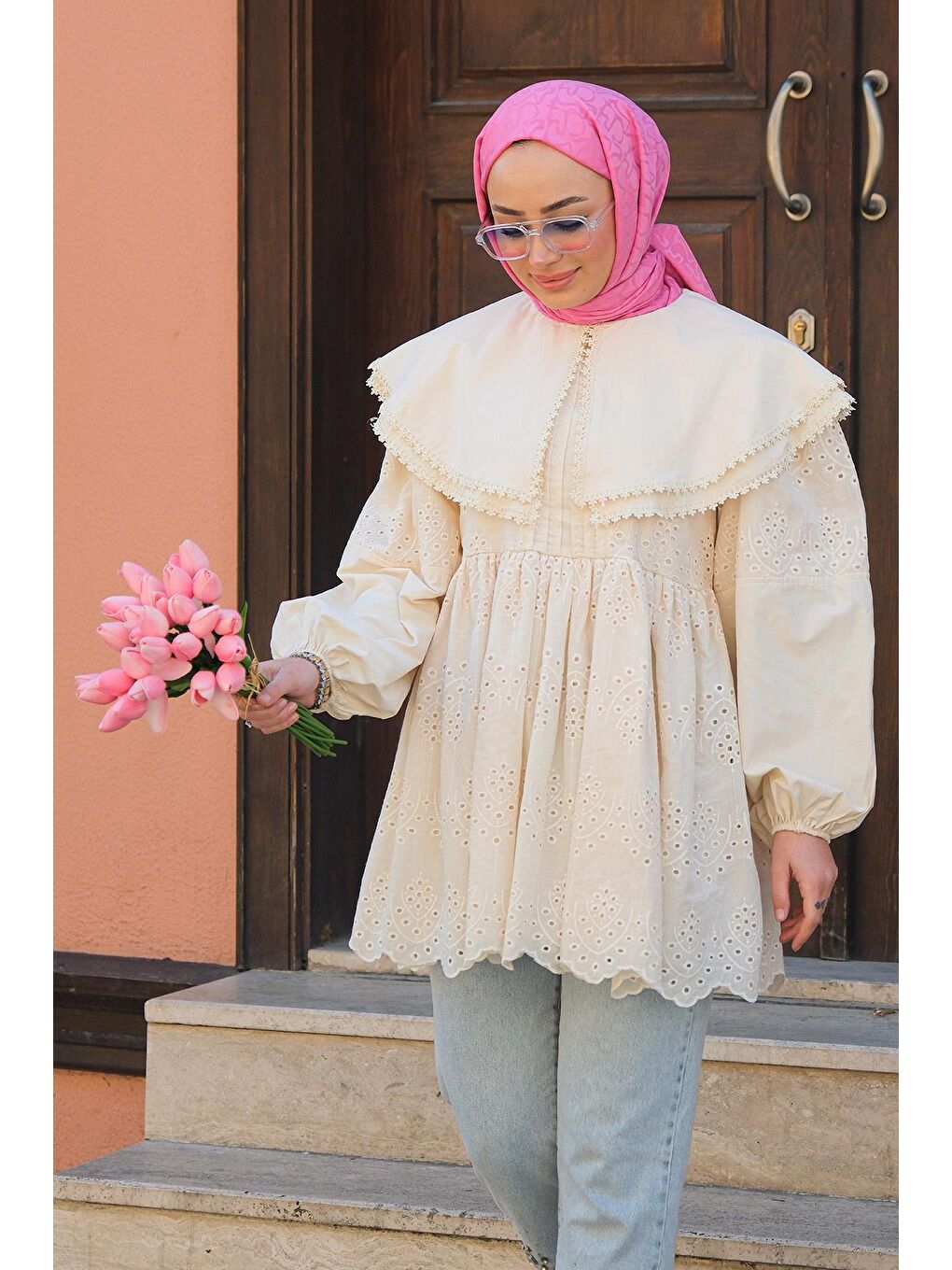 Ekru Bebe Yaka Dantel Detay Gömlek Krem-2