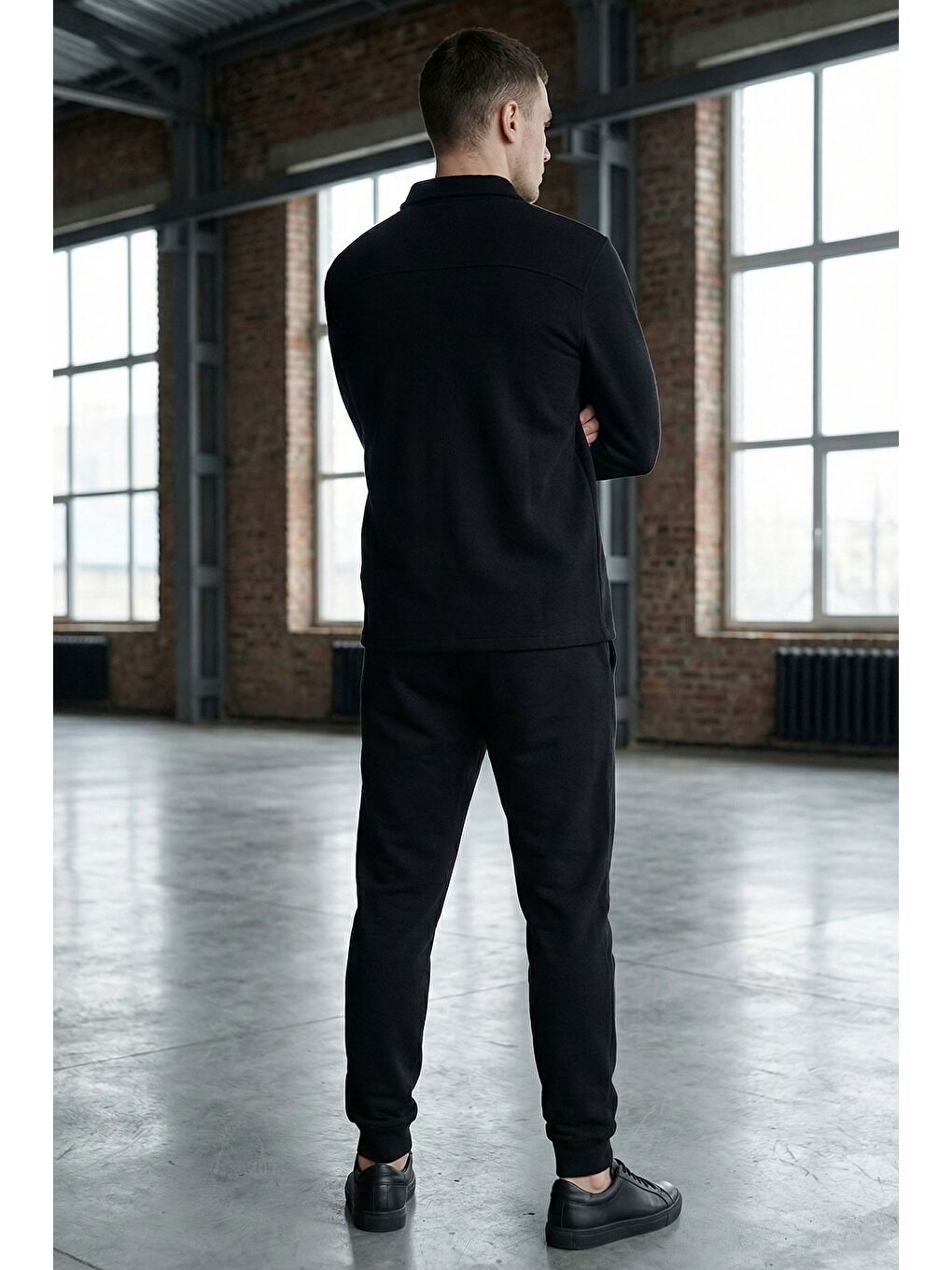 Siyah Erkek Kendinden Desenli Ön Çıtçıtlı Gömlek Bel Lastikli Pantolon İkili Takım-2