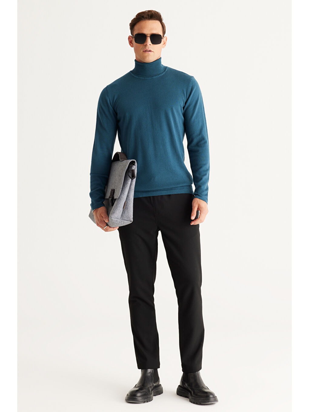 Erkek Petrol Standart Fit Normal Kesim Tam Balıkçı Yaka Triko Kazak