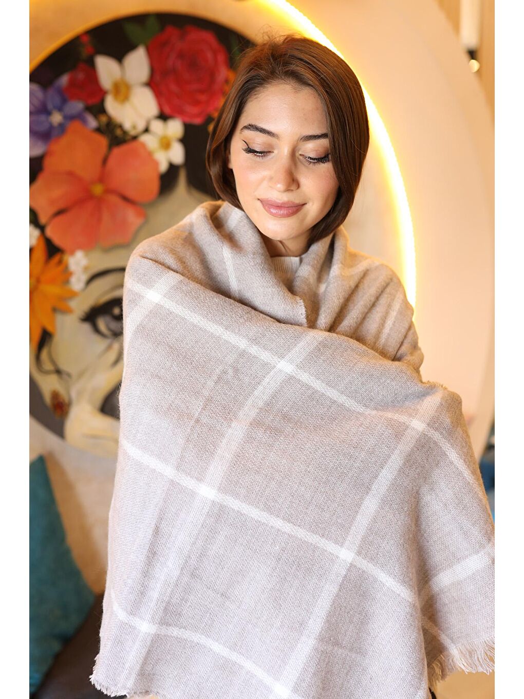 Bej Kare Desenli Atkı Omuz Şalı 70X180 cm 1210 Vizon