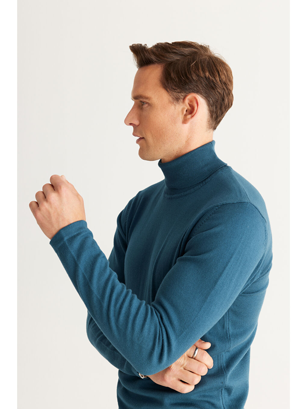 Erkek Petrol Standart Fit Normal Kesim Tam Balıkçı Yaka Triko Kazak-1