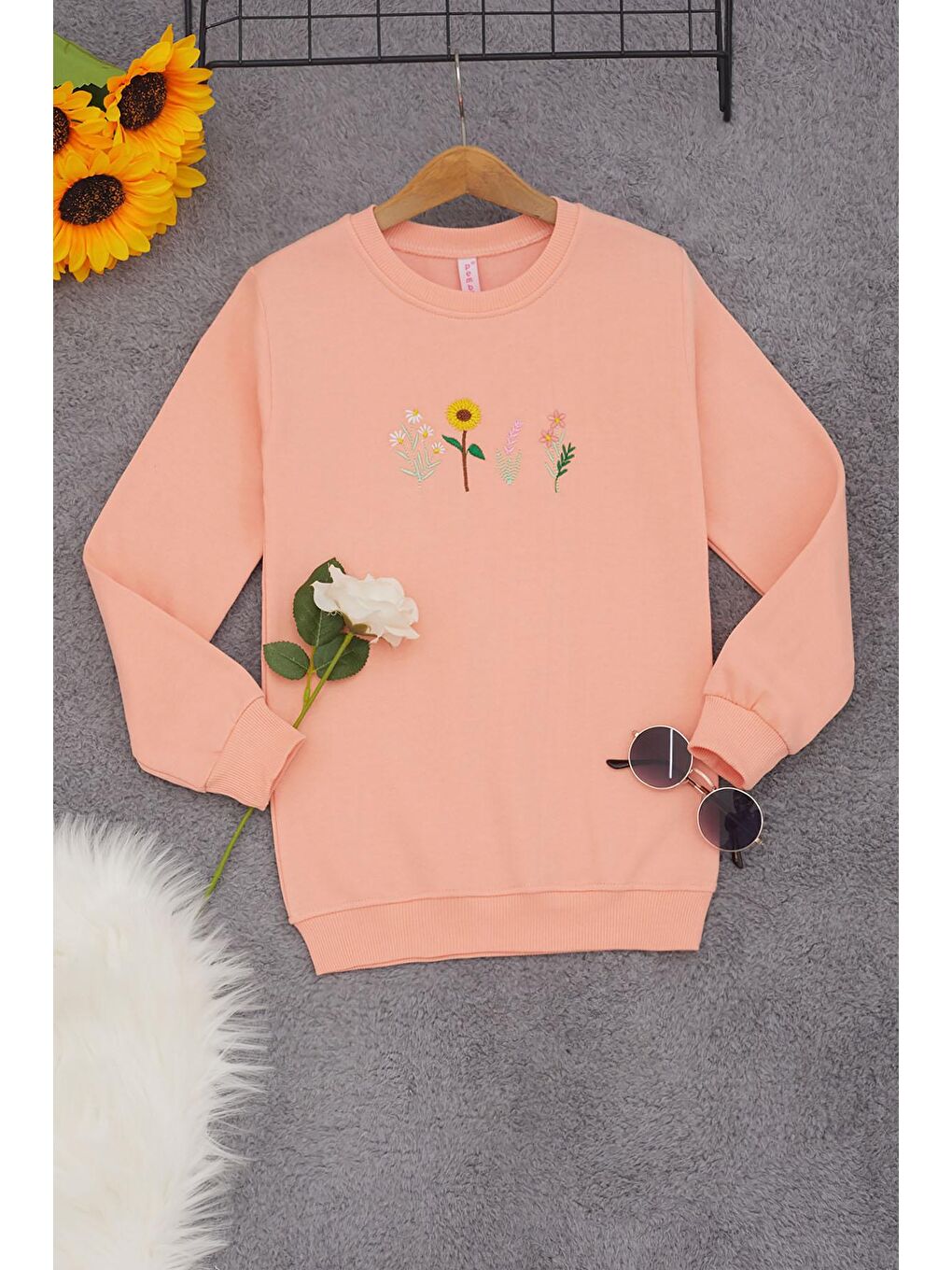 Pembe Somon Papatya Nakışlı Kız Çocuk Kız Çocuk Sweatshirt 17202
